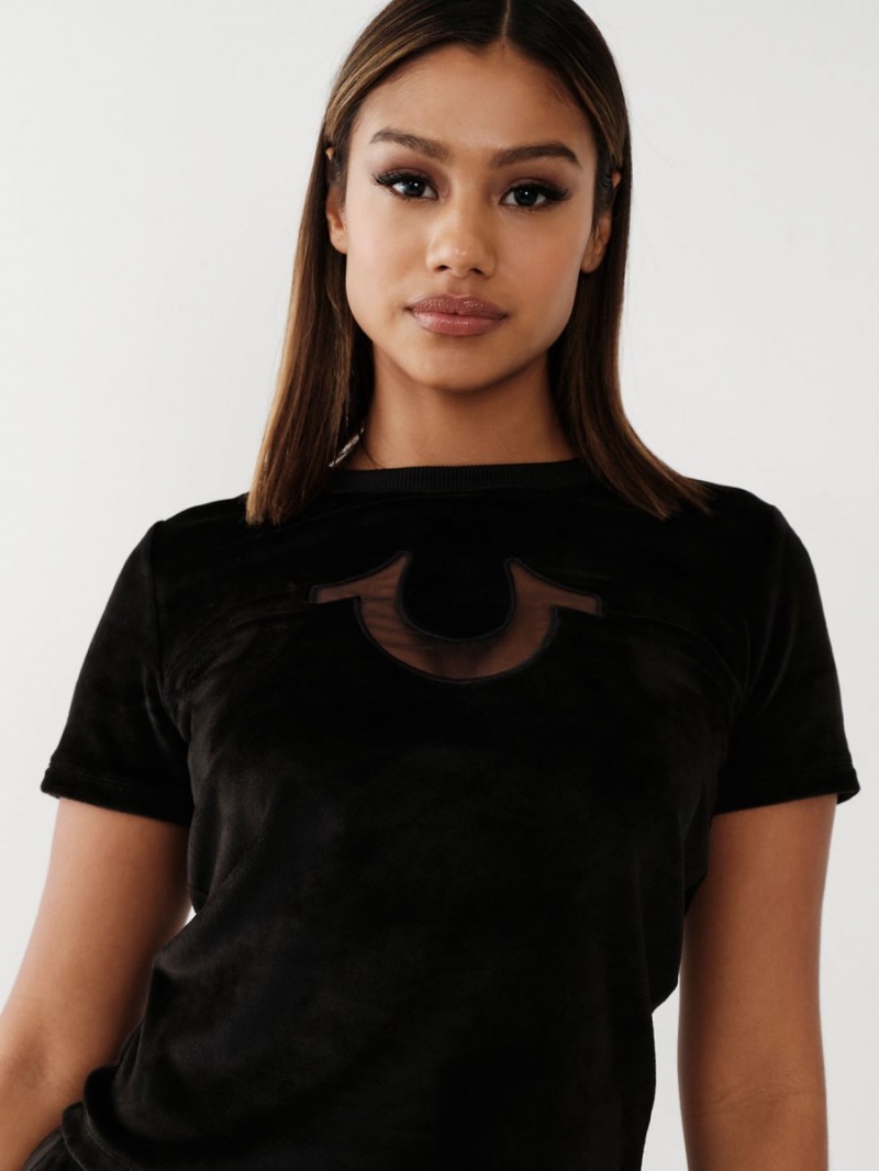 Black True Religion Velour Cutout T Shirts | 0739-CXBSO