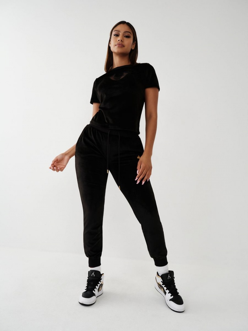 Black True Religion Velour Cutout T Shirts | 0739-CXBSO