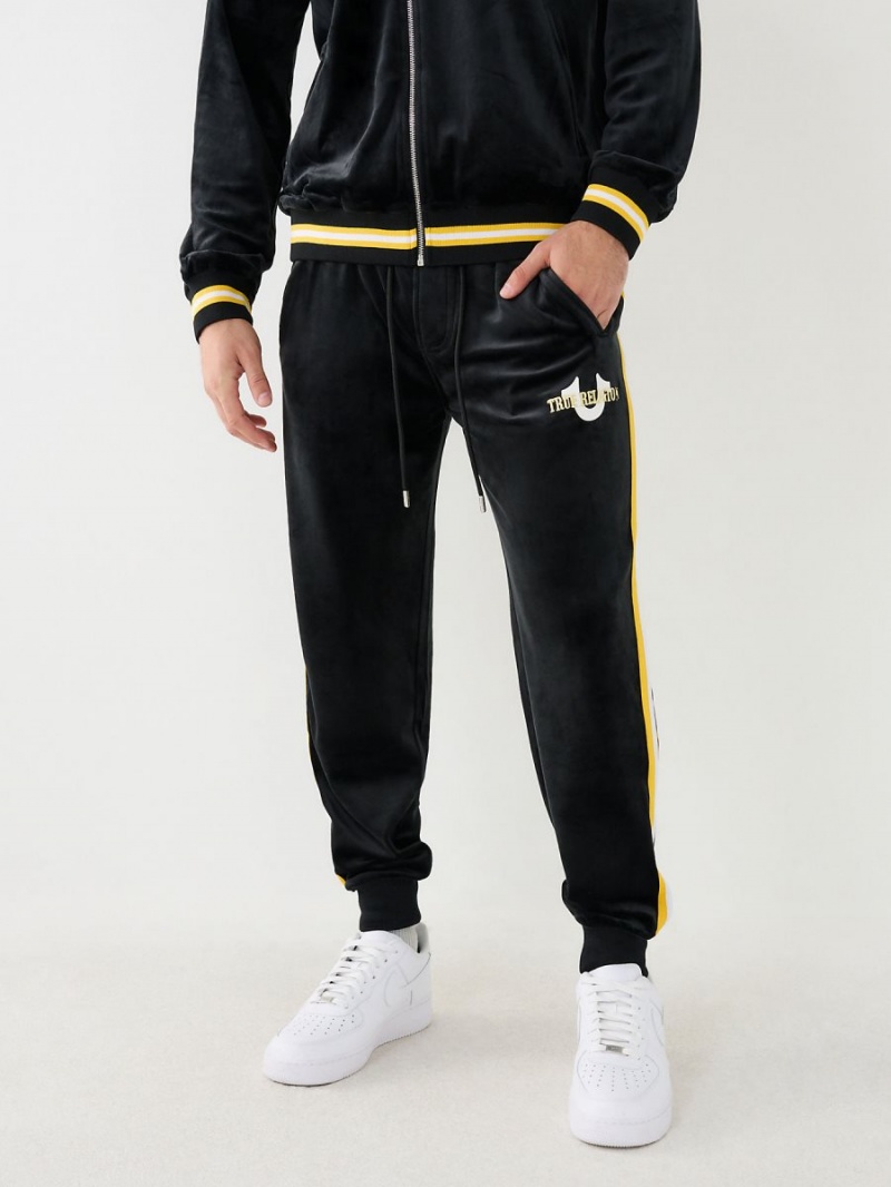 Black True Religion Velour Logo Varsity Stripe Track Pants | 2540-LJOCI