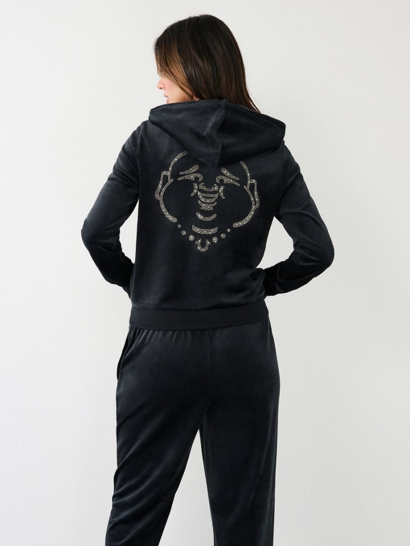 Black True Religion Velour Zip Hoodie | 5821-FNXBE