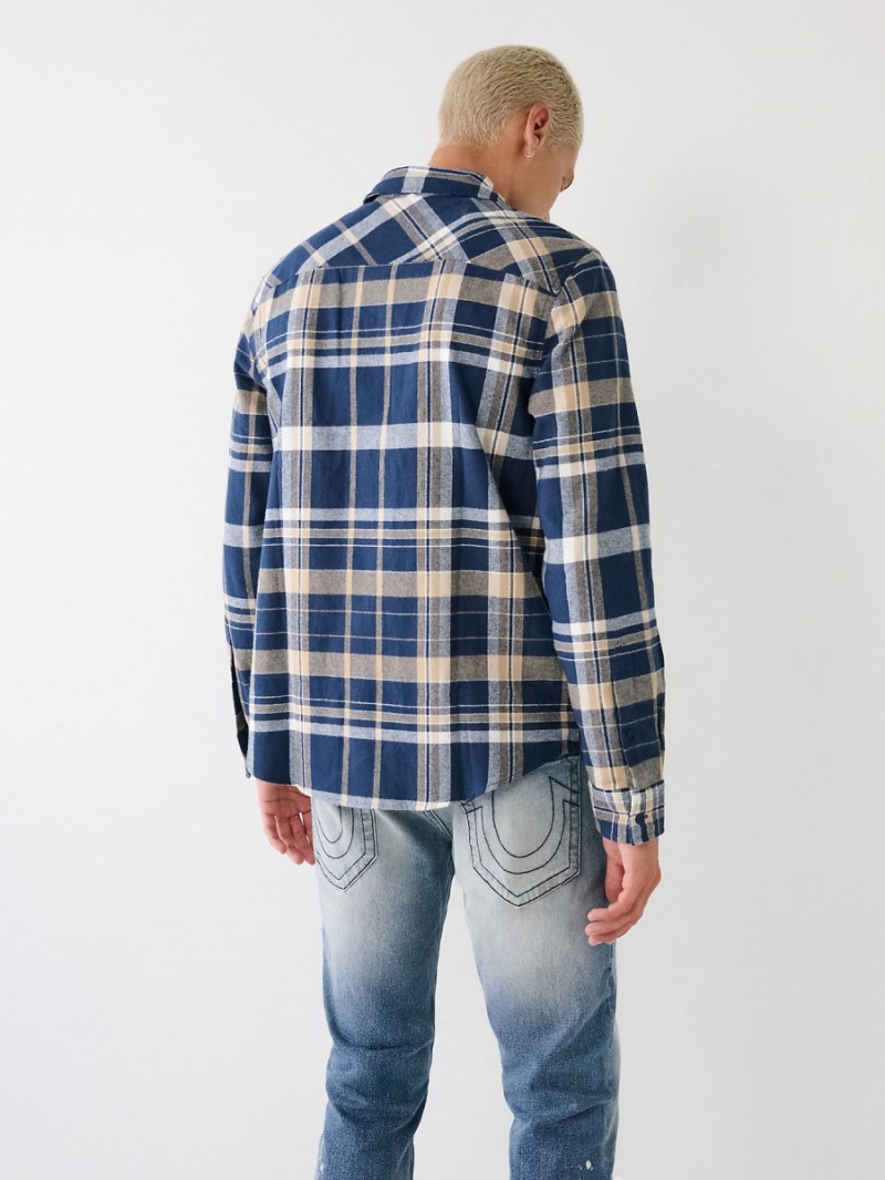 Blue/Cream True Religion Plaid Flannel Shirts | 9132-JVPIY