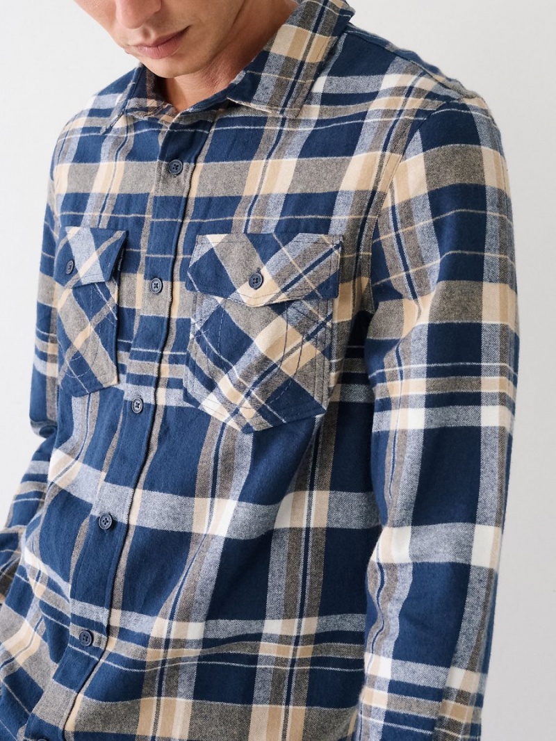 Blue/Cream True Religion Plaid Flannel Shirts | 9132-JVPIY