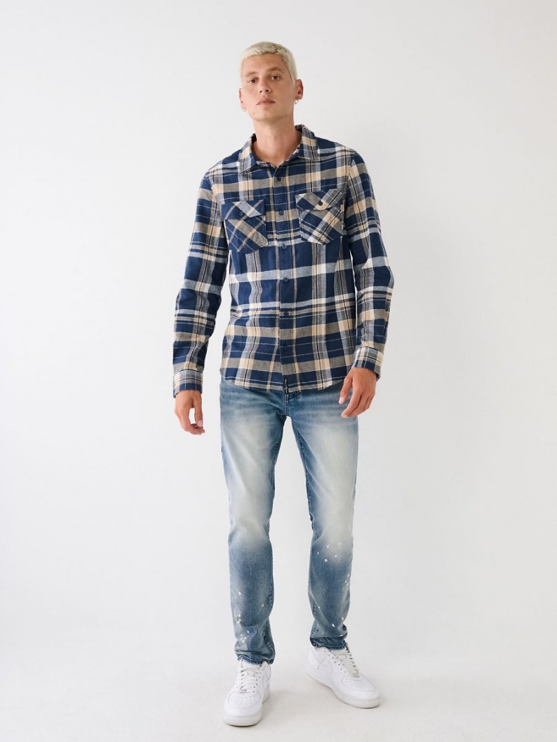 Blue/Cream True Religion Plaid Flannel Shirts | 9132-JVPIY