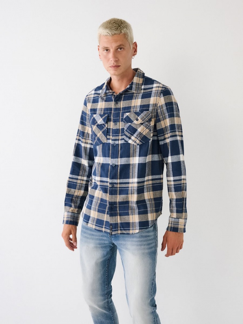 Blue/Cream True Religion Plaid Flannel Shirts | 9132-JVPIY