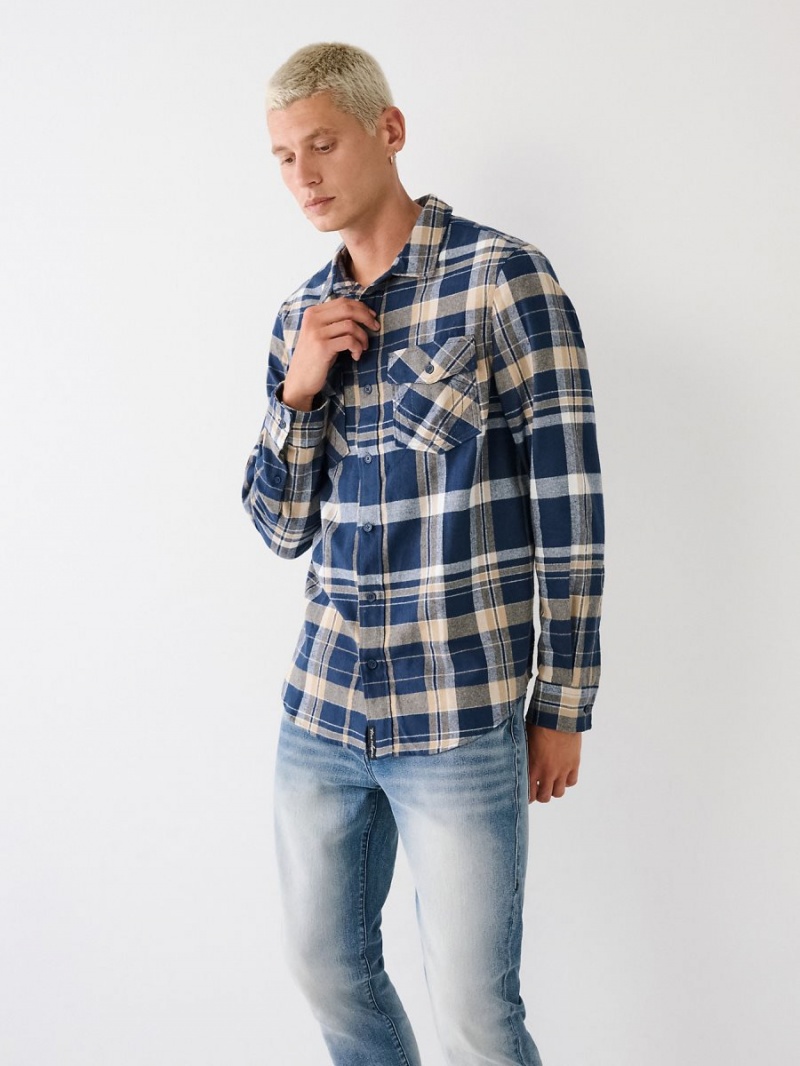 Blue/Cream True Religion Plaid Flannel Shirts | 9132-JVPIY