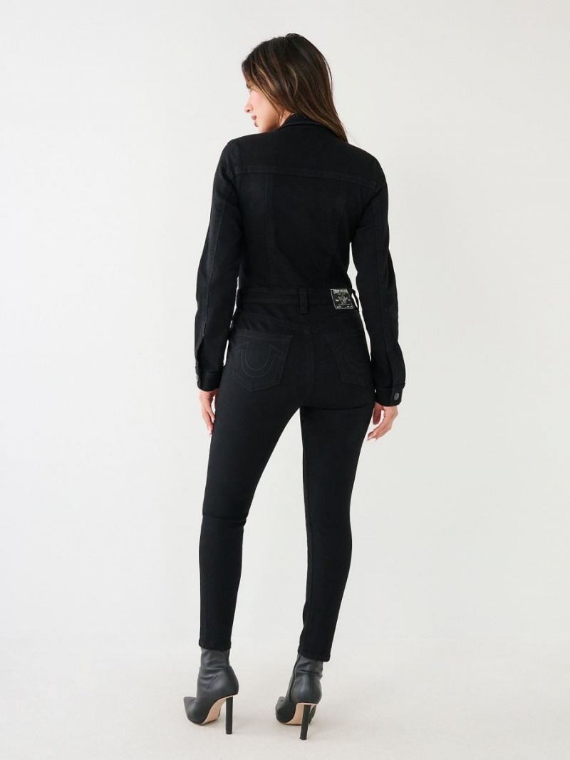 Body Rinse Black True Religion Zip Denim Jumpsuits | 6349-OWAJH