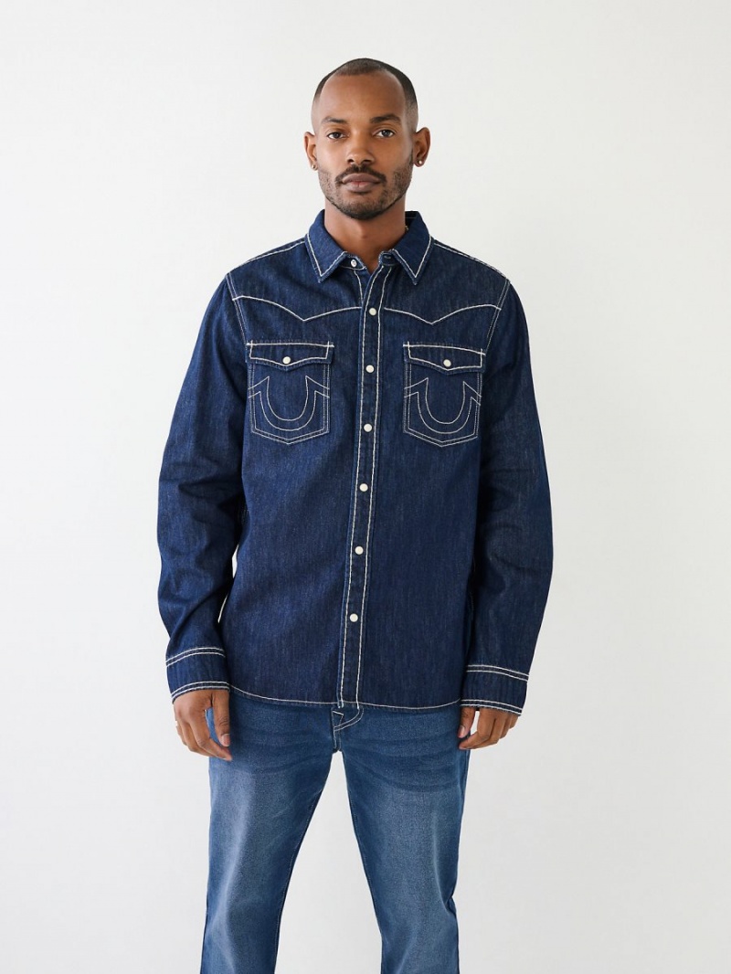 Body Rinse True Religion Big T Western Denim Shirts | 1358-DEGOF