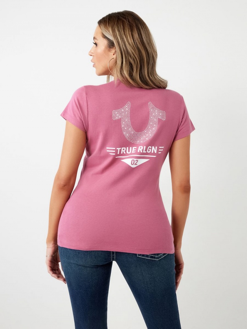 Boysenberry True Religion Crystal Horseshoe Logo V Neck T Shirts | 4962-ZUQJC