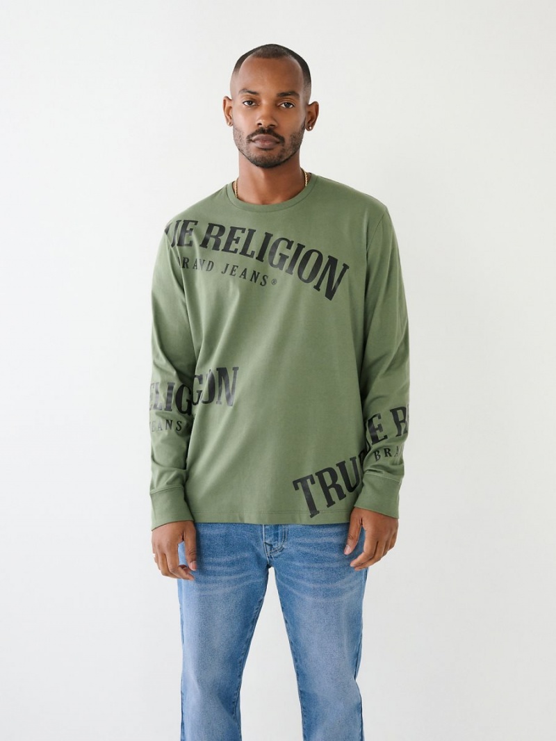 Bronze Green True Religion Long Sleeve Logo Relaxed T Shirts | 5734-OEPCG