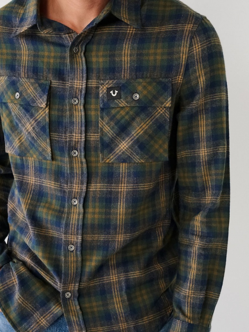 Bronze Green True Religion Plaid Flannel Shirts | 0397-XZLAS