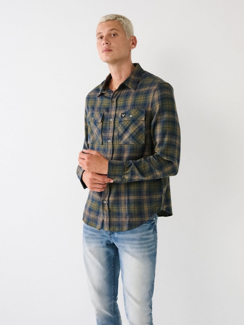 Bronze Green True Religion Plaid Flannel Shirts | 0397-XZLAS