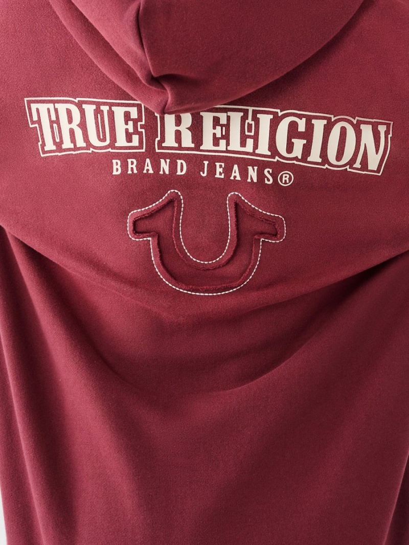 Burgundy True Religion Big T Logo Zip Relaxed Hoodie | 8702-ZSART