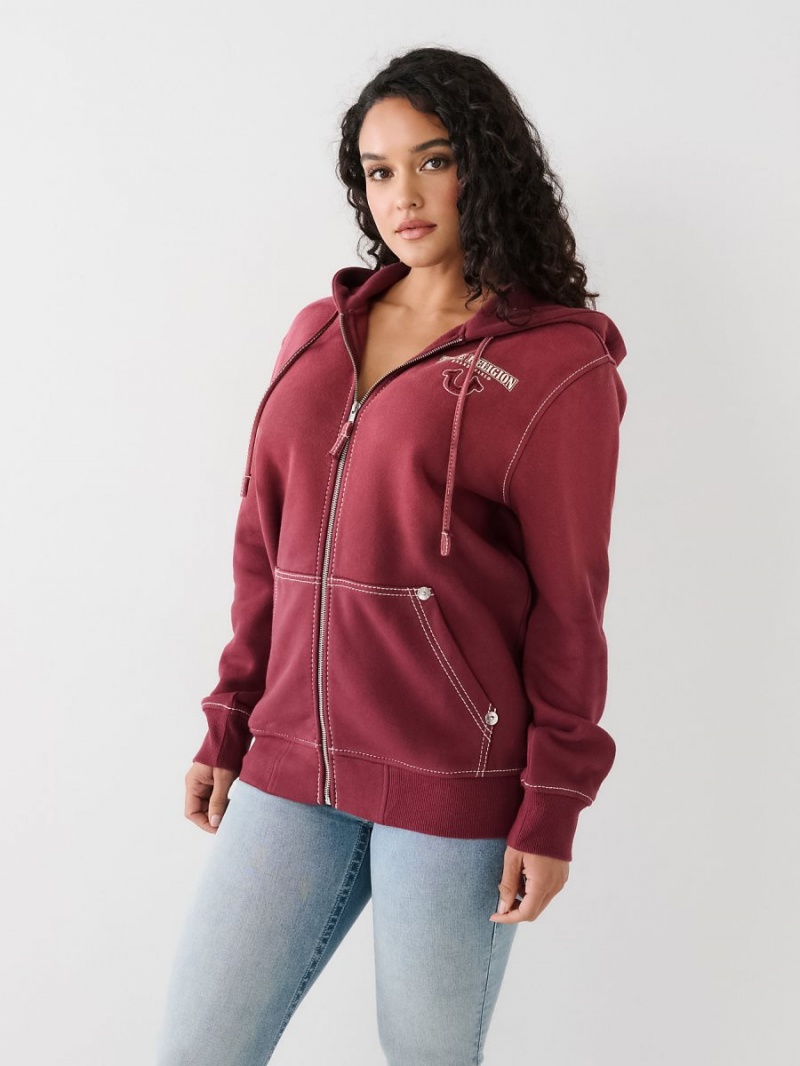 Burgundy True Religion Big T Logo Zip Relaxed Hoodie | 8702-ZSART