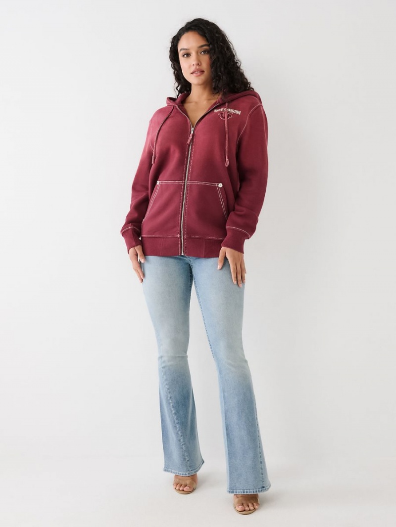 Burgundy True Religion Big T Logo Zip Relaxed Hoodie | 8702-ZSART