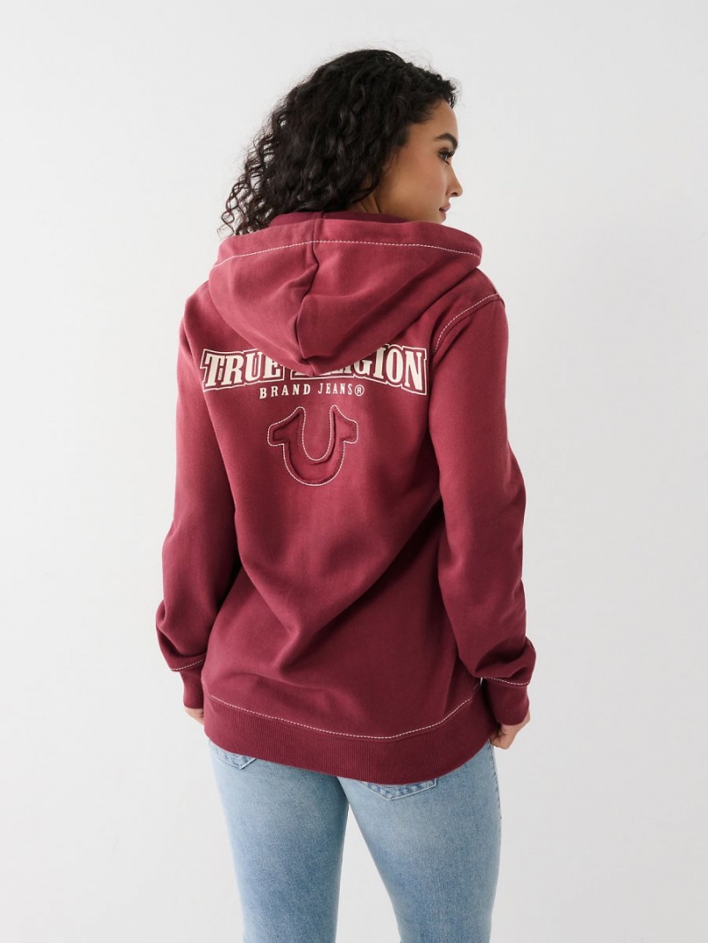 Burgundy True Religion Big T Logo Zip Relaxed Hoodie | 5170-IUYXD