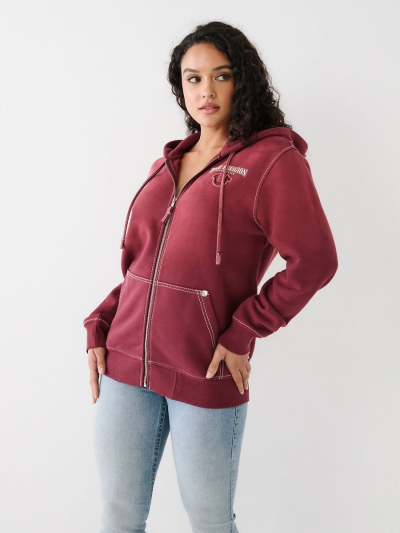 Burgundy True Religion Big T Logo Zip Relaxed Hoodie | 5170-IUYXD