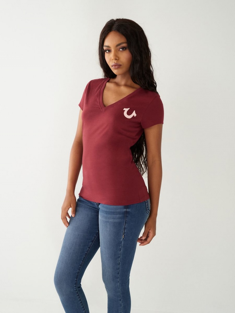 Burgundy True Religion Buddha Logo V T Shirts | 0876-UWLXJ