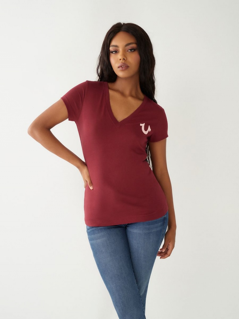 Burgundy True Religion Buddha Logo V T Shirts | 0876-UWLXJ