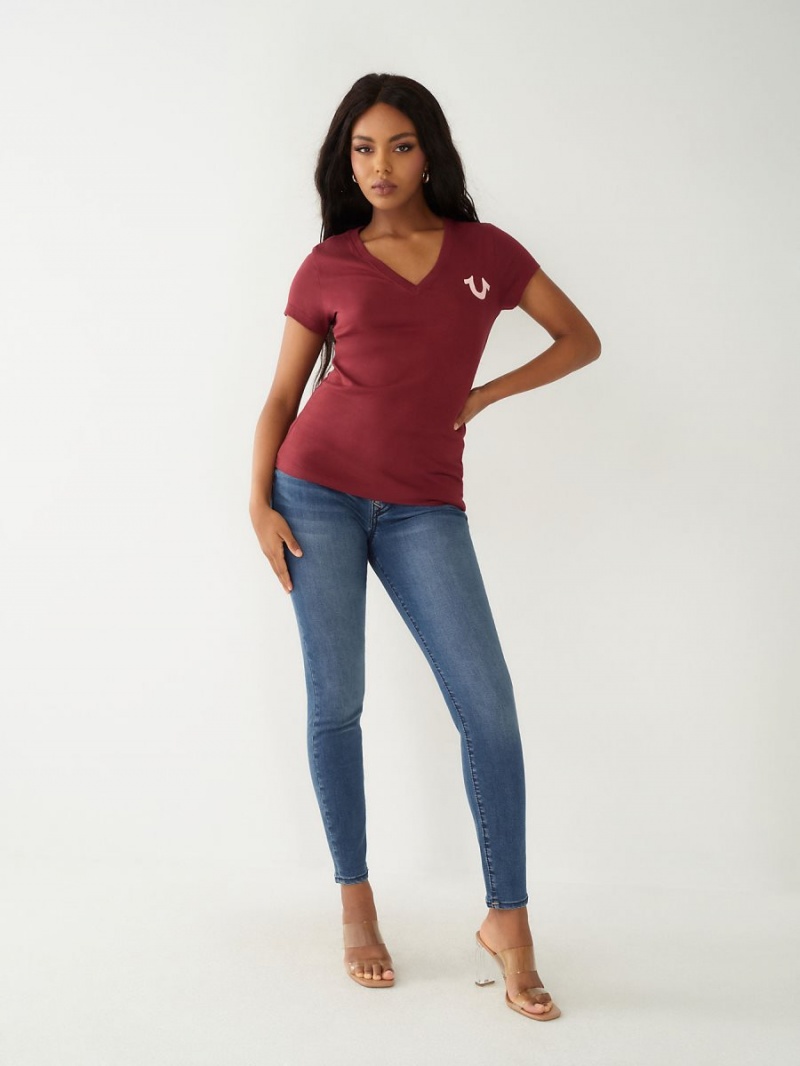 Burgundy True Religion Buddha Logo V T Shirts | 0876-UWLXJ