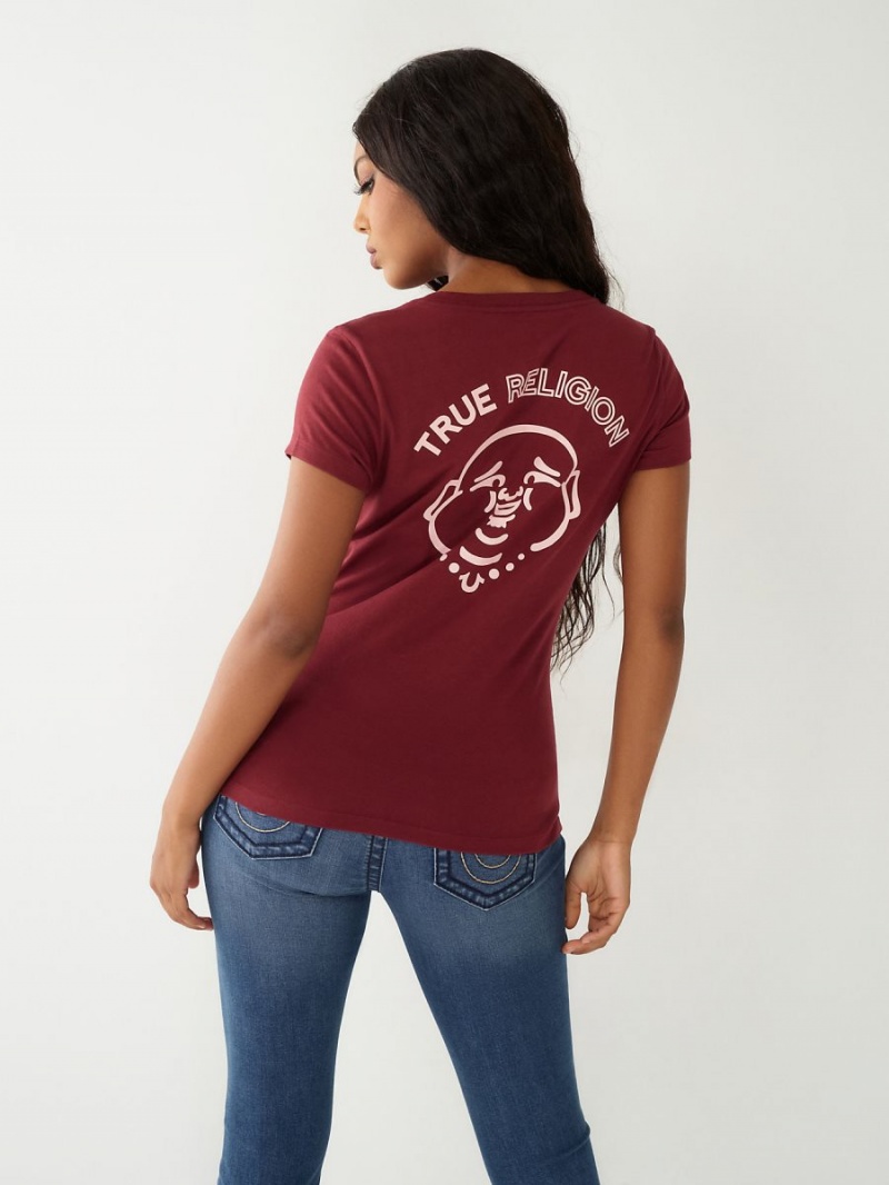 Burgundy True Religion Buddha Logo V T Shirts | 0876-UWLXJ