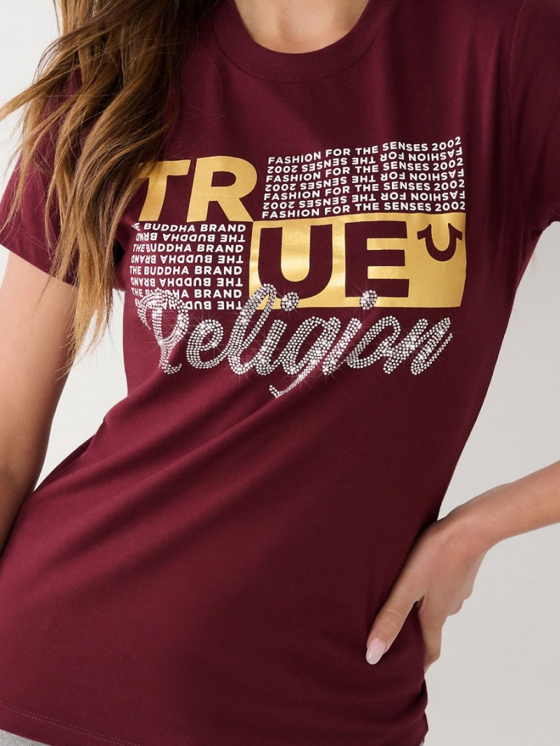 Burgundy True Religion Crystal Logo T Shirts | 6834-CUFNW