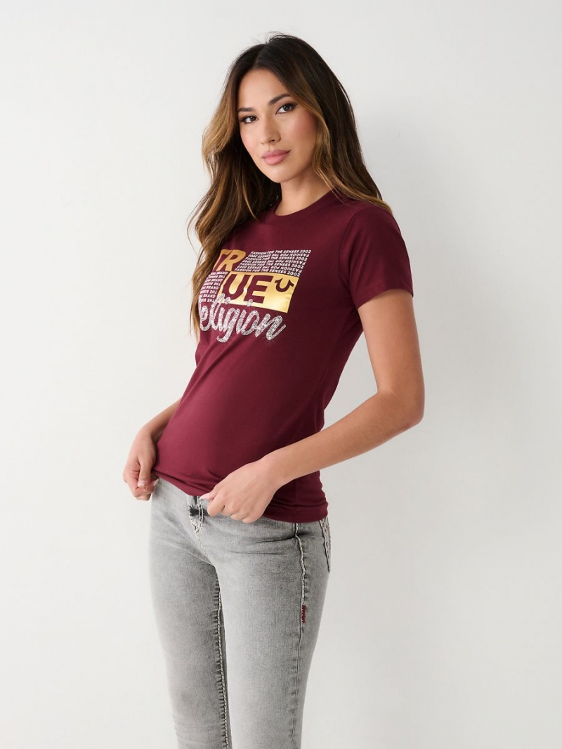 Burgundy True Religion Crystal Logo T Shirts | 6834-CUFNW