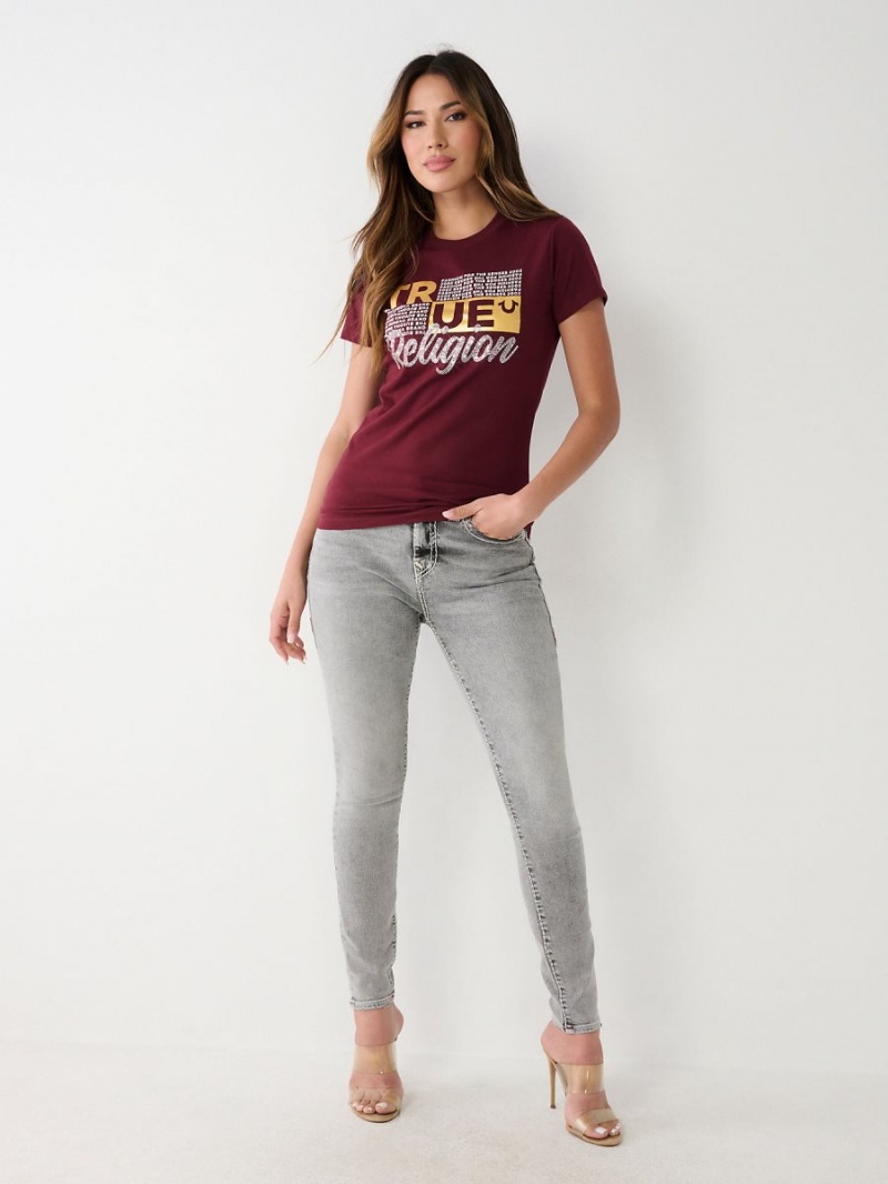 Burgundy True Religion Crystal Logo T Shirts | 6834-CUFNW