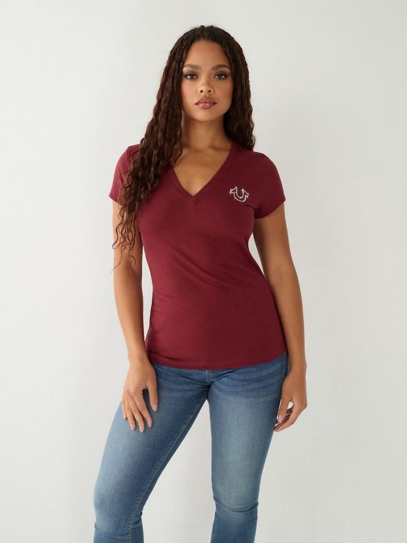 Burgundy True Religion Crystal Logo V T Shirts | 2430-HMVBL