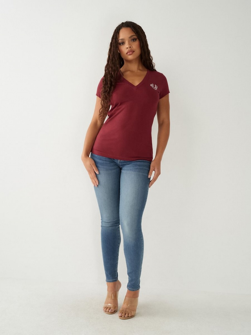 Burgundy True Religion Crystal Logo V T Shirts | 2430-HMVBL