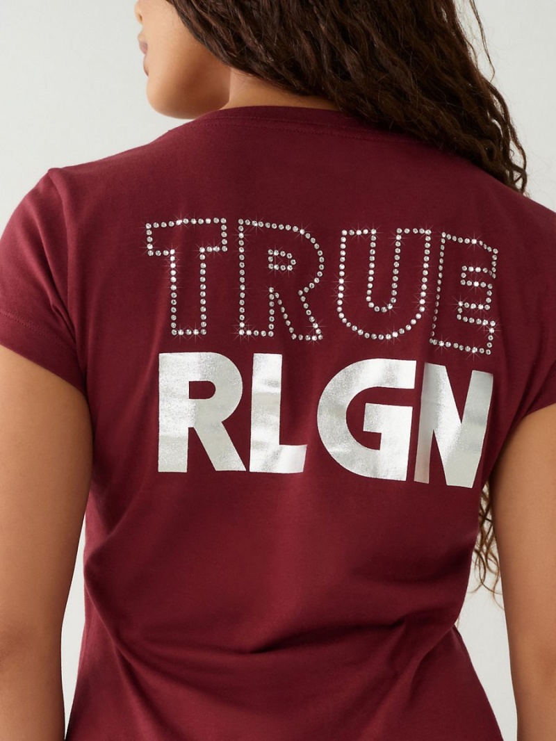 Burgundy True Religion Crystal Logo V T Shirts | 2430-HMVBL