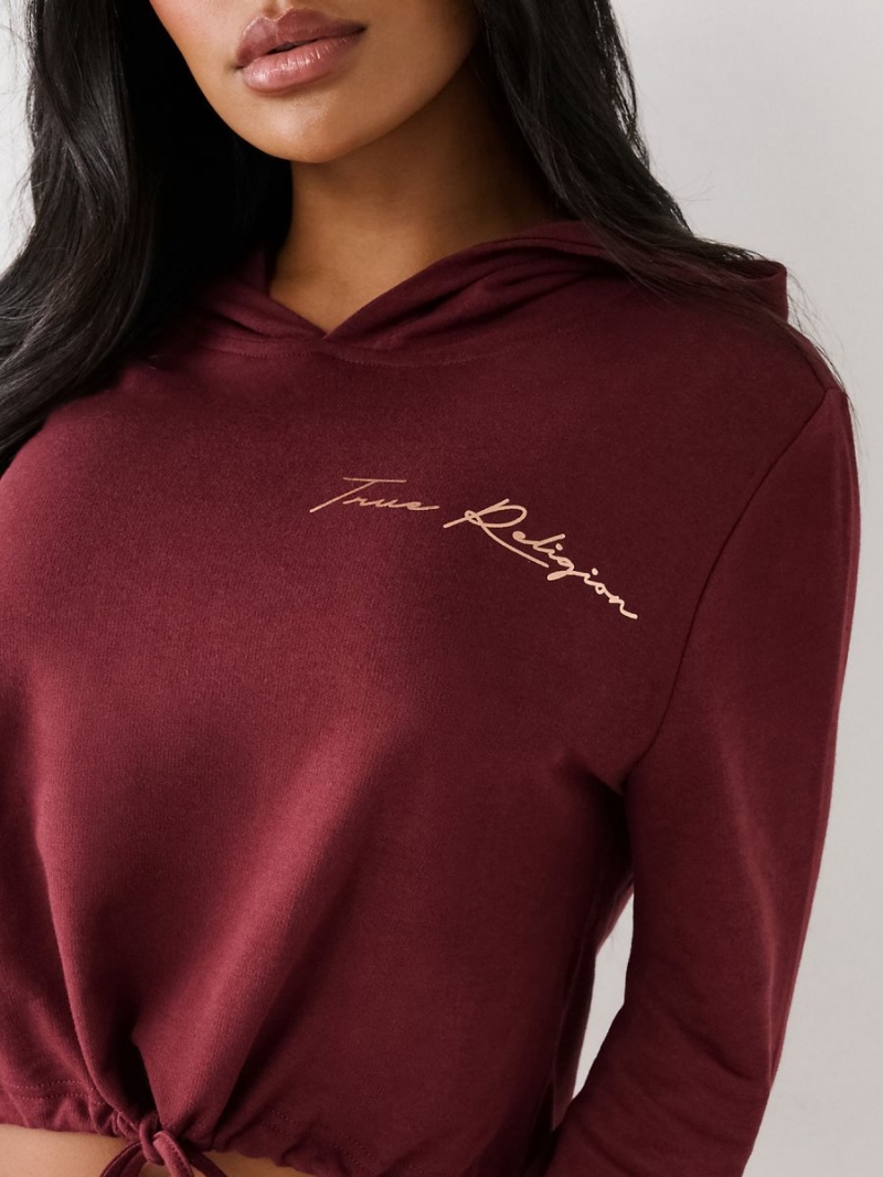 Burgundy True Religion Logo Crop Hoodie | 2195-QOKCB