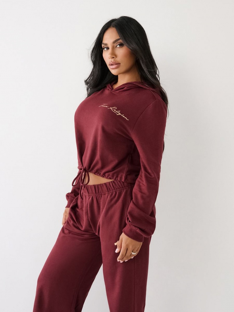 Burgundy True Religion Logo Crop Hoodie | 2195-QOKCB