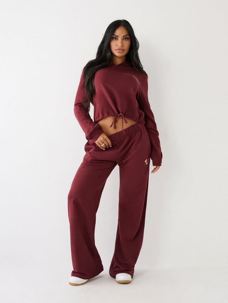 Burgundy True Religion Logo Crop Hoodie | 2195-QOKCB