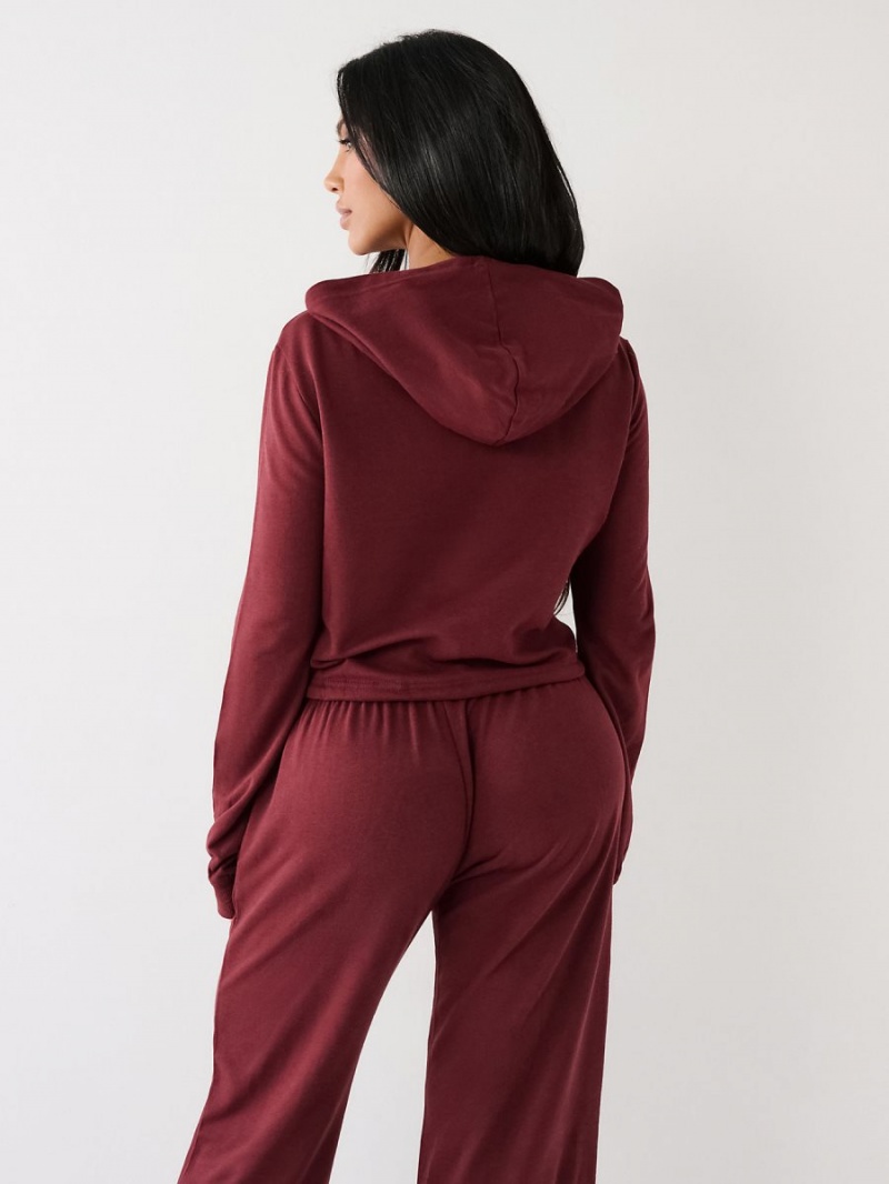 Burgundy True Religion Logo Crop Hoodie | 2195-QOKCB