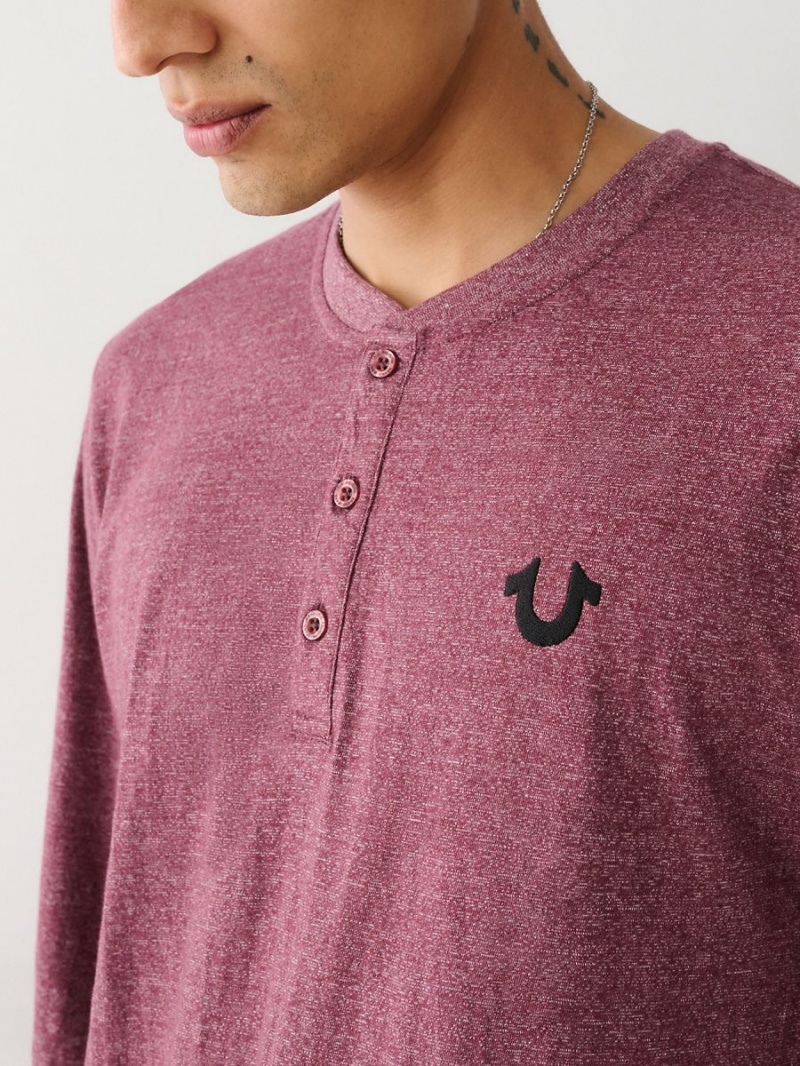 Burgundy True Religion Logo Henley Shirts | 5748-TJSEK