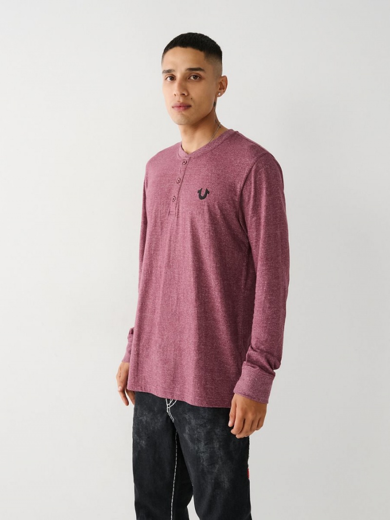 Burgundy True Religion Logo Henley Shirts | 5748-TJSEK