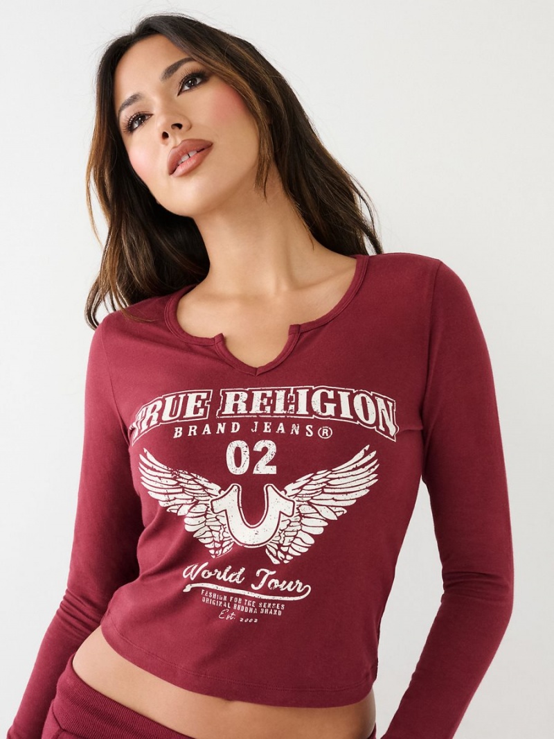 Burgundy True Religion Long Sleeve Notch Logo T Shirts | 3712-GBHNI