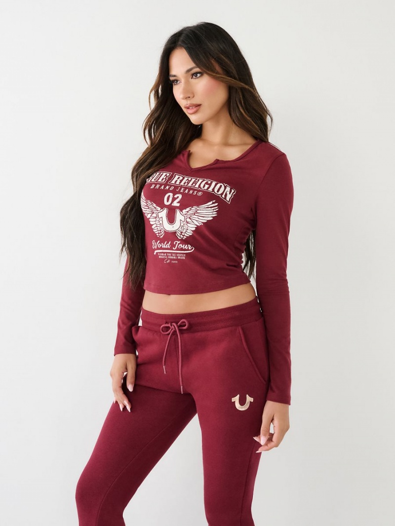 Burgundy True Religion Long Sleeve Notch Logo T Shirts | 3712-GBHNI