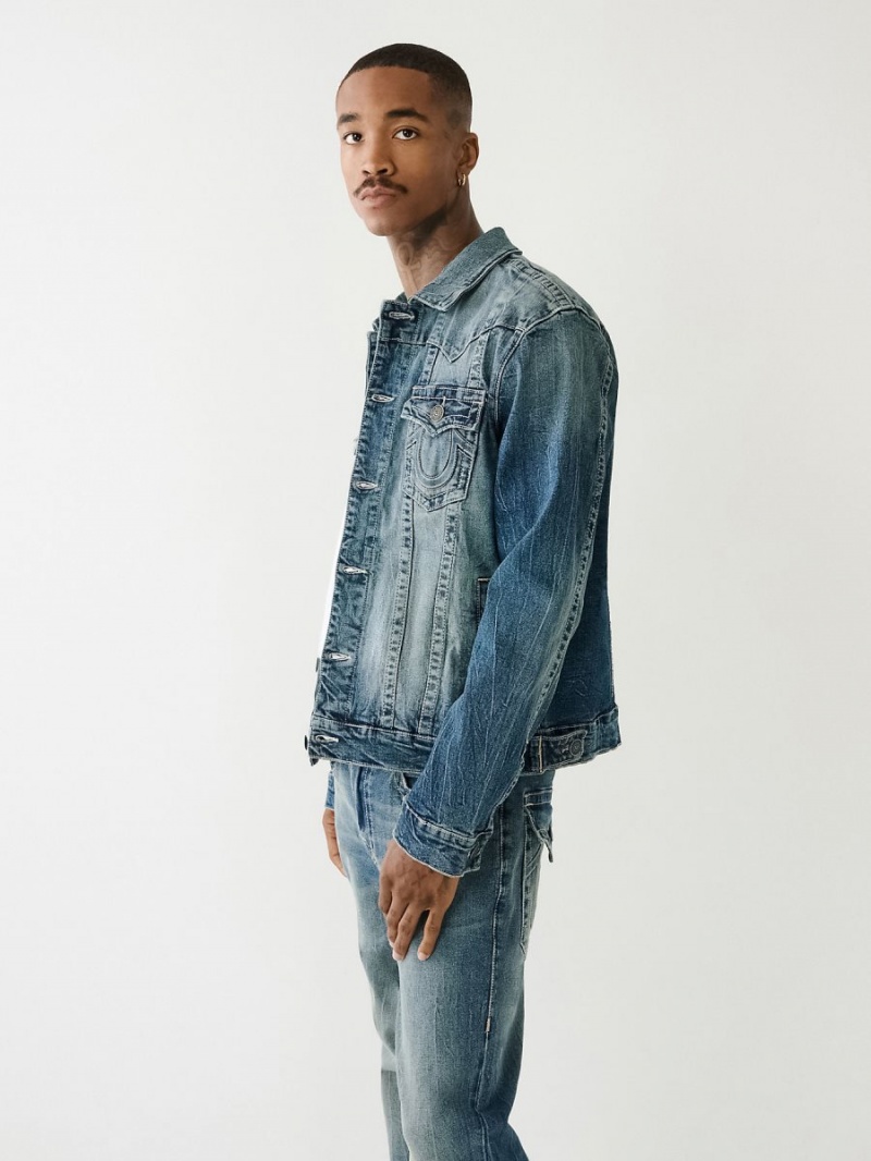 Caspien Sea Medium Wash True Religion Jimmy Embossed Denim Jacket | 1834-ODSMX