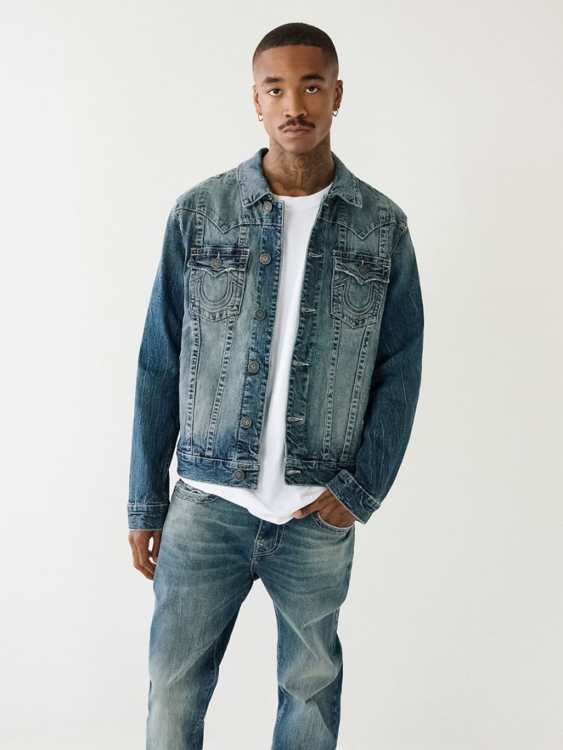 Caspien Sea Medium Wash True Religion Jimmy Embossed Denim Jacket | 1834-ODSMX