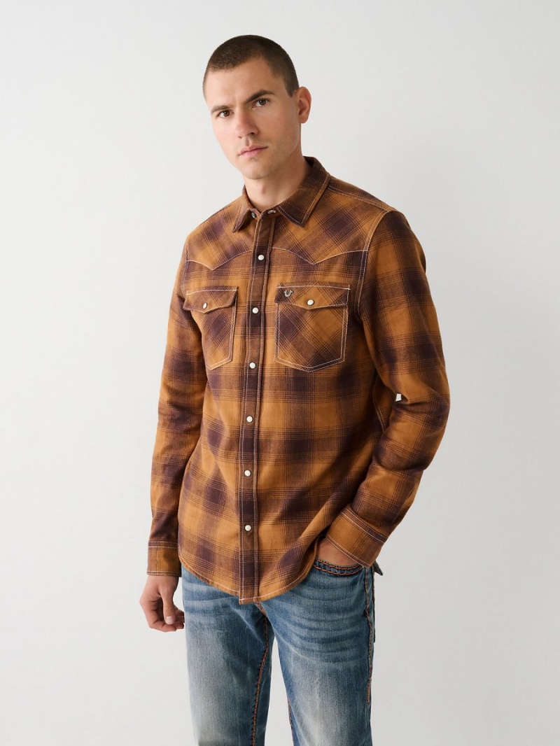 Curry True Religion Western Plaid Flannel Shirts | 9841-KHWYT