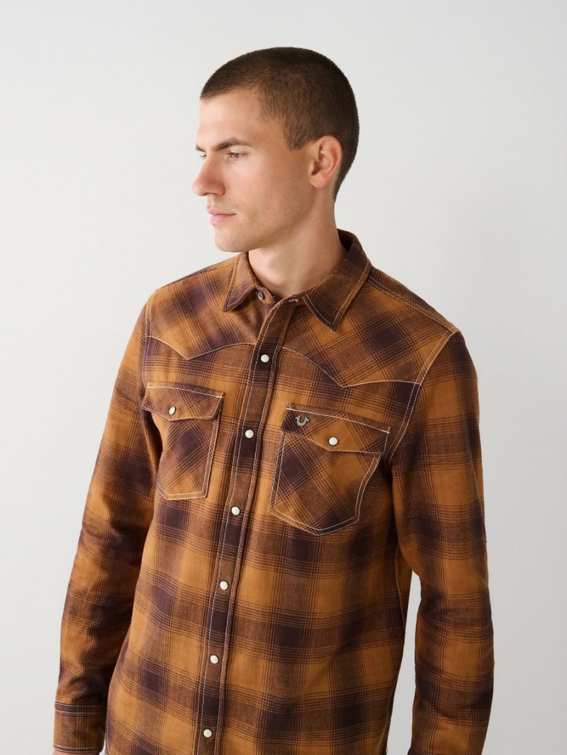 Curry True Religion Western Plaid Flannel Shirts | 9841-KHWYT