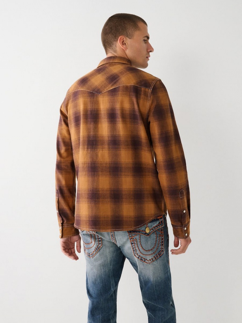 Curry True Religion Western Plaid Flannel Shirts | 9841-KHWYT