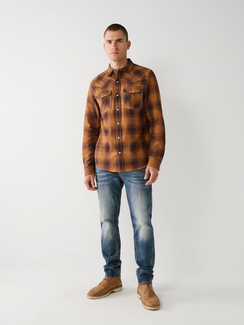 Curry True Religion Western Plaid Flannel Shirts | 9841-KHWYT