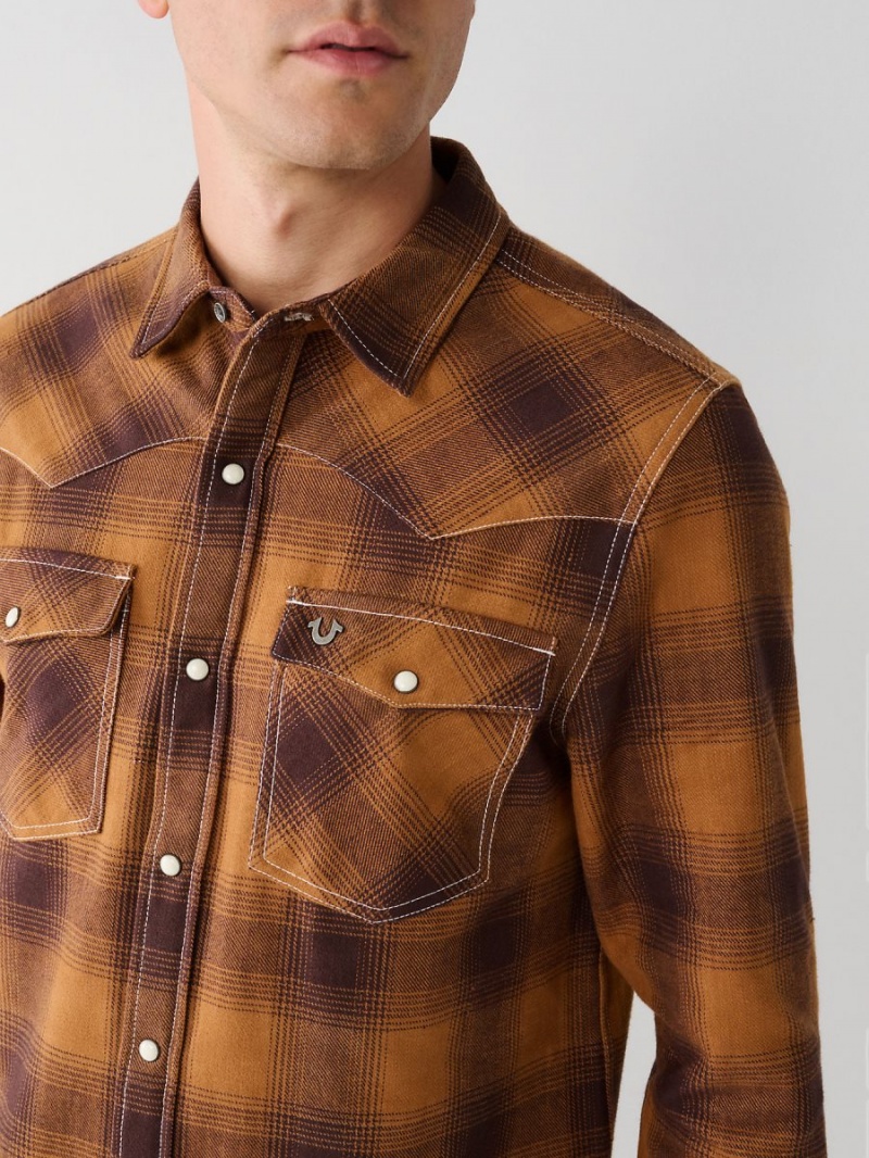 Curry True Religion Western Plaid Flannel Shirts | 9841-KHWYT