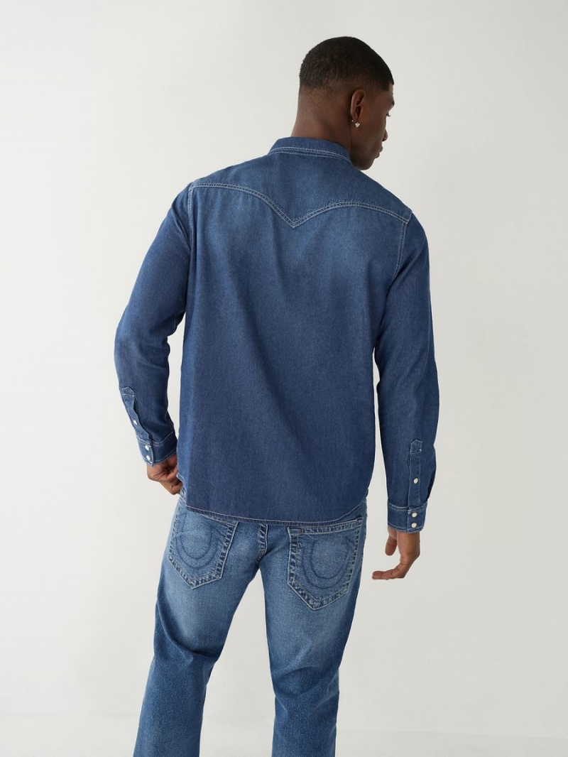 Dark Blue Wash True Religion Chambray Western Shirts | 2189-ROBFP