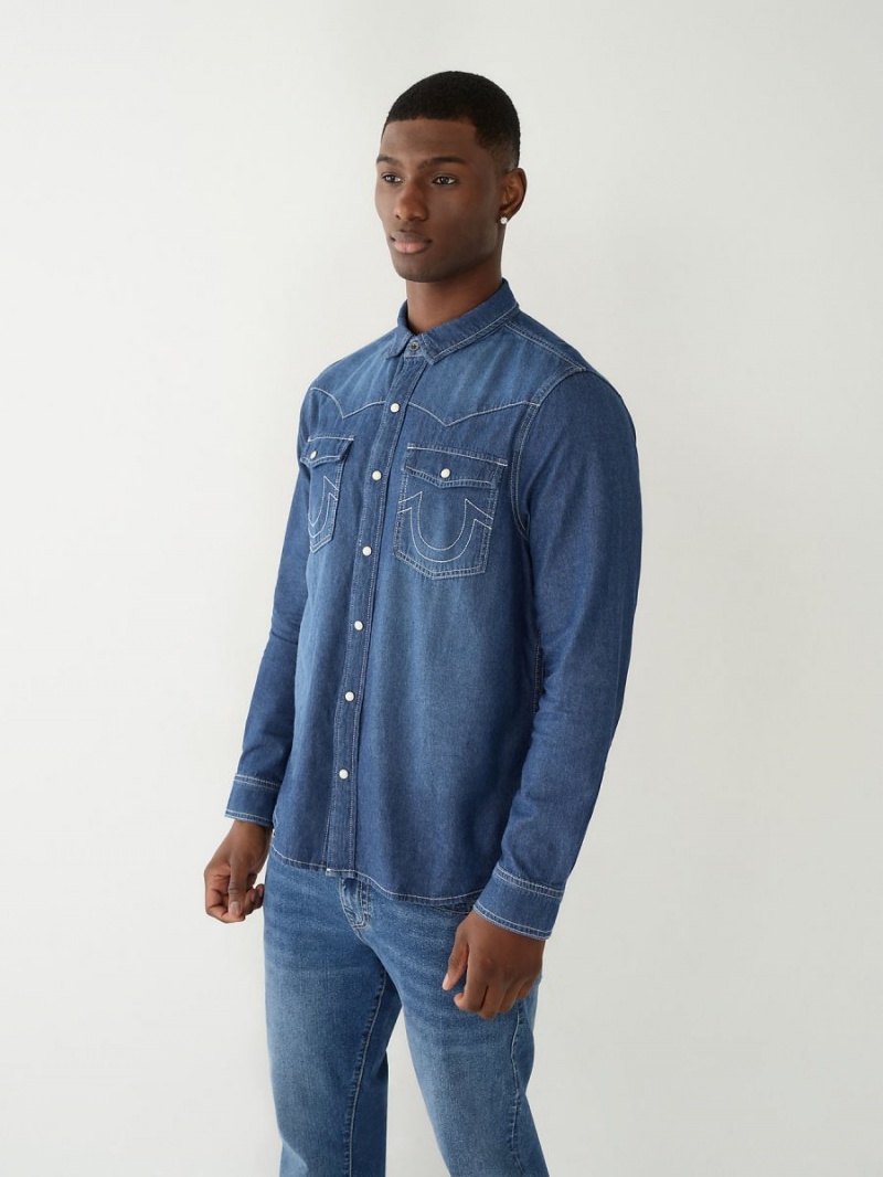 Dark Blue Wash True Religion Chambray Western Shirts | 2189-ROBFP