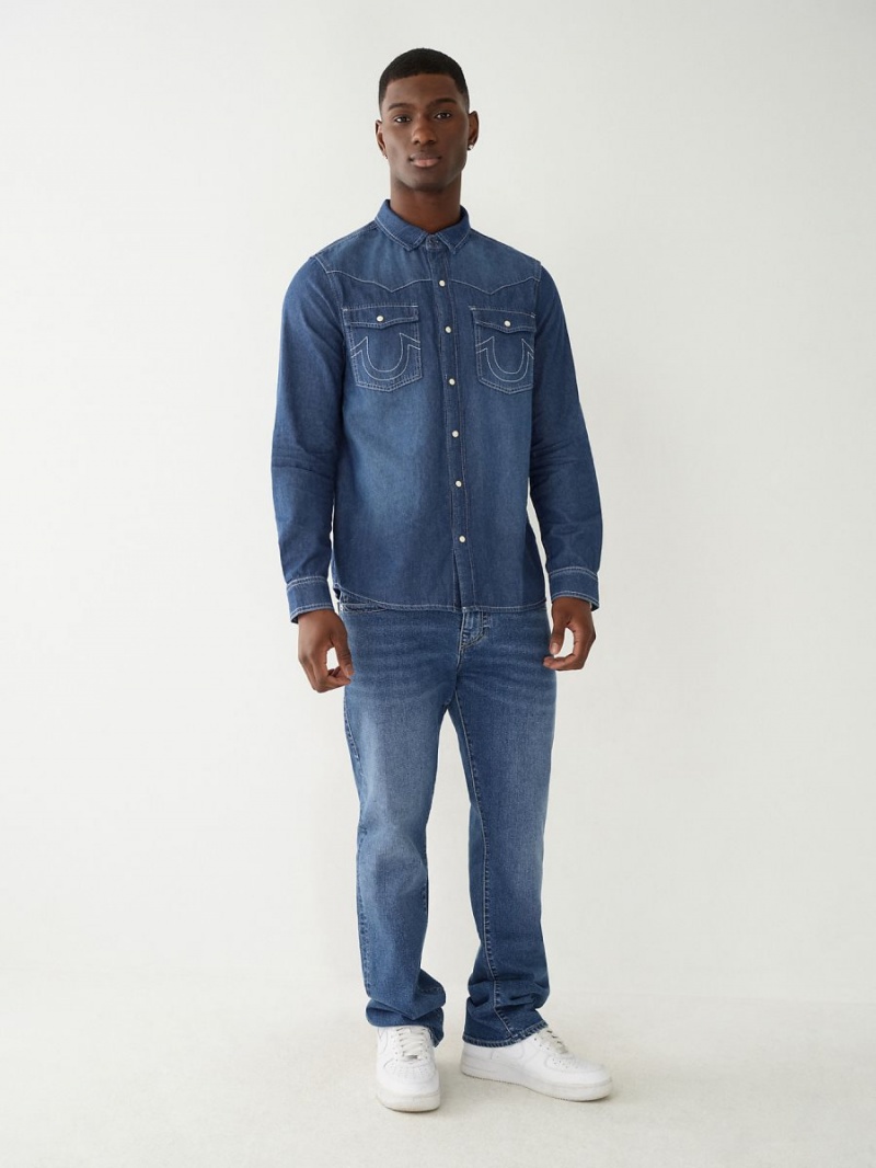 Dark Blue Wash True Religion Chambray Western Shirts | 2189-ROBFP