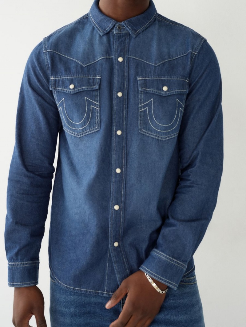 Dark Blue Wash True Religion Chambray Western Shirts | 2189-ROBFP