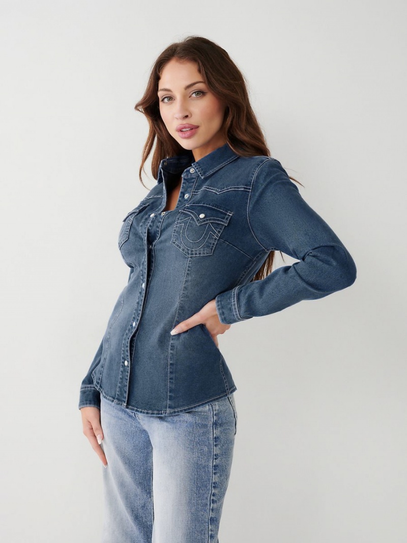 Dark Blue Wash True Religion Western Denim Shirts | 1574-TDAMR